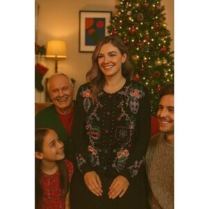 Christmas Ornaments Holiday L Sweater Black Beads  Embroidered Arriviste Vintage